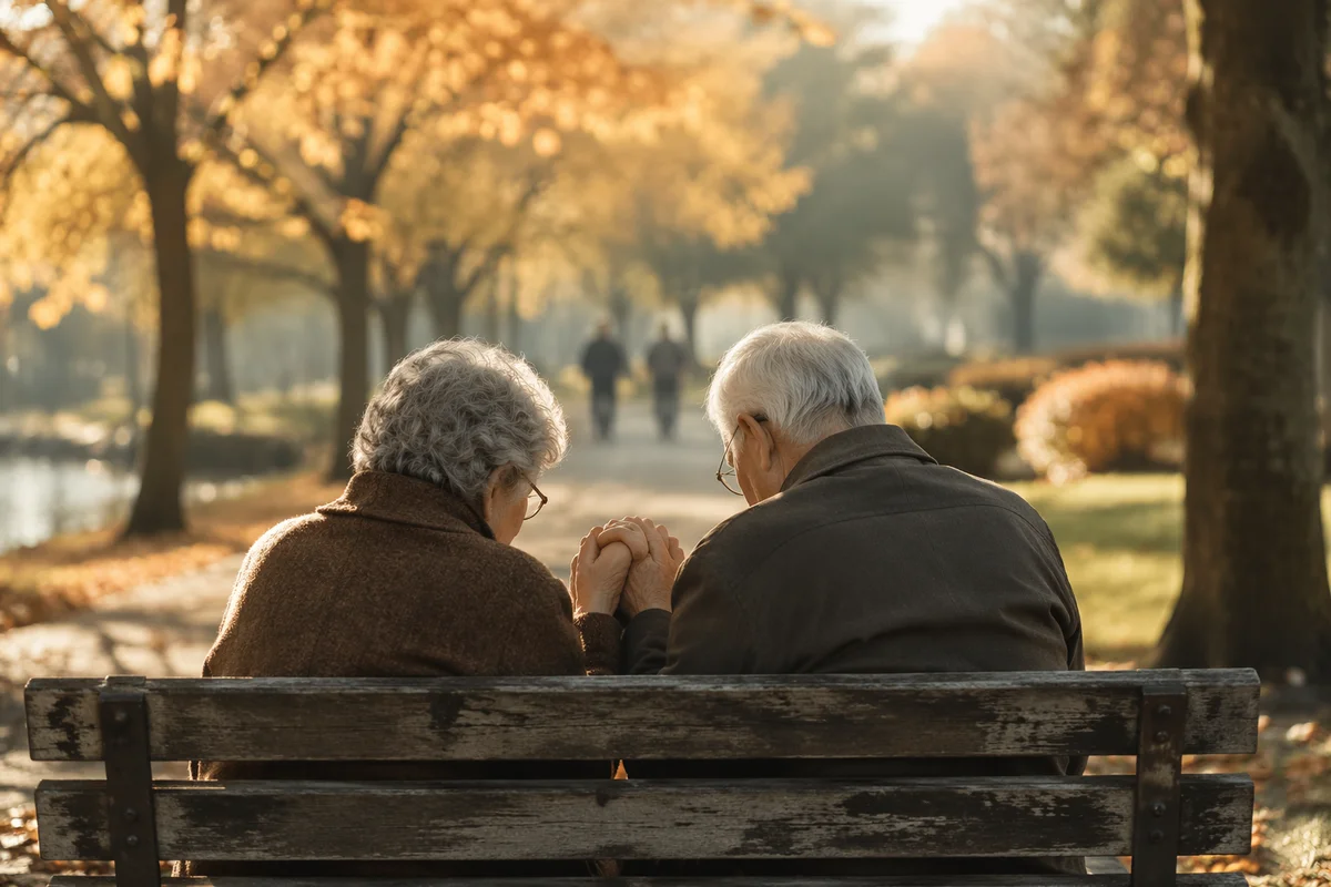 Elderly Couple Praying on Autumn Park Bench