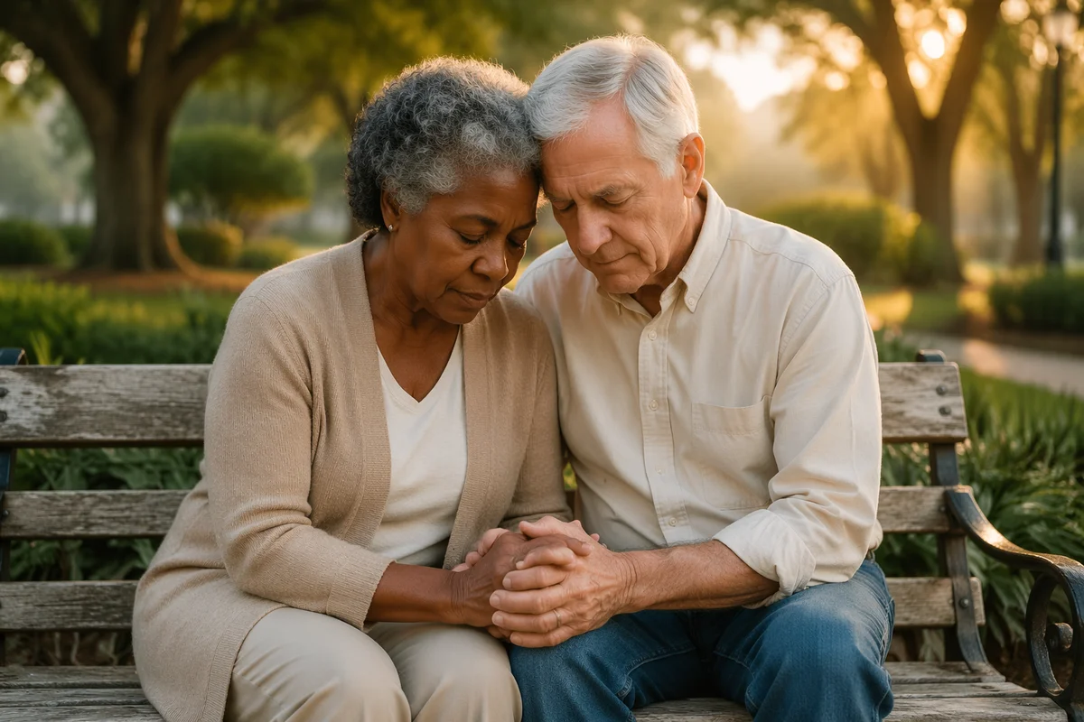 Elderly Couple Praying on Park Bench