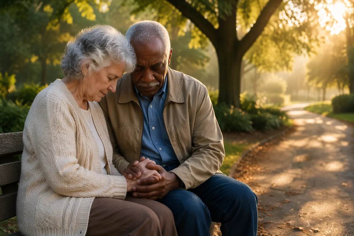Elderly Couple Praying on Park Bench