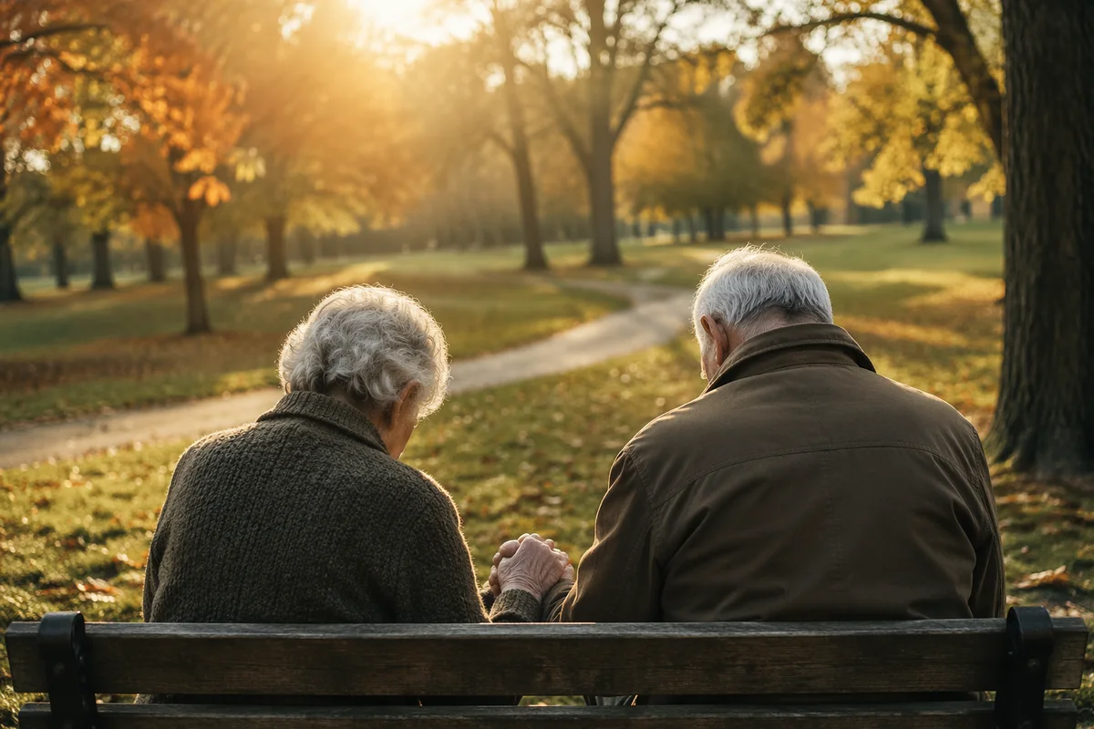 Elderly Couple Praying on Autumn Park Bench