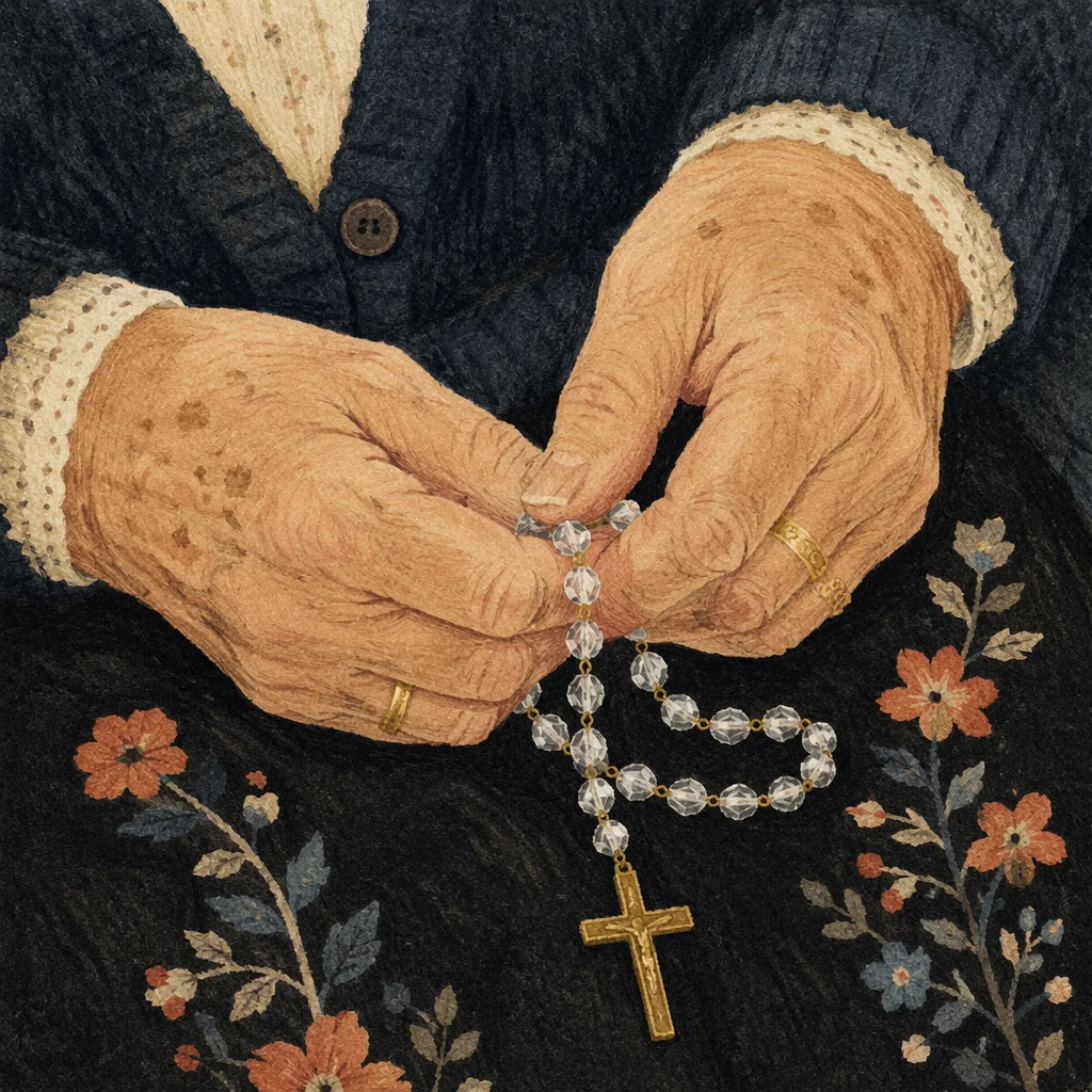 Elderly Hands Holding Rosary in Prayer