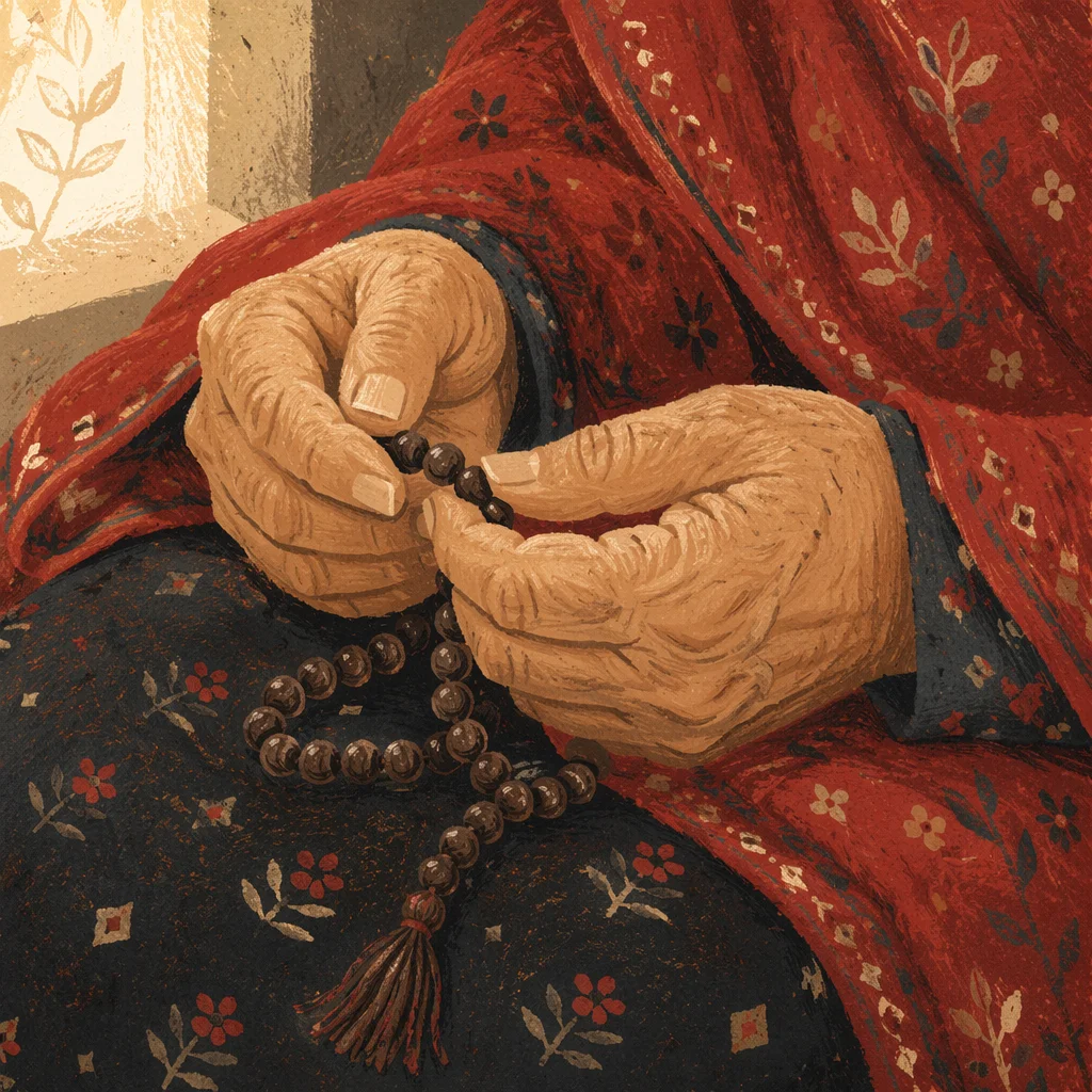Elderly Hands Holding Rosary Beads in Prayer