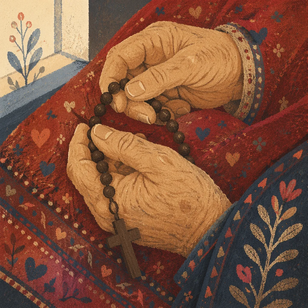 Elderly Hands Holding Rosary in Prayer