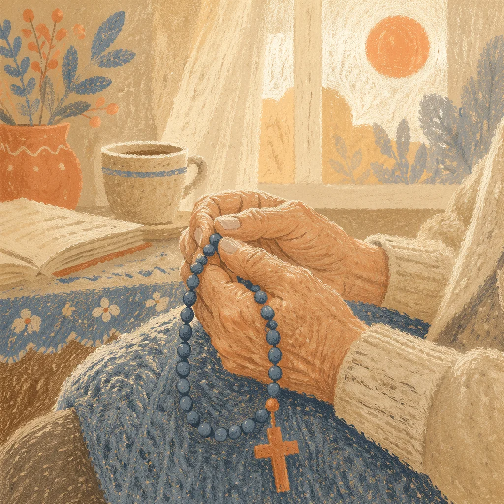 Elderly Hands Holding Rosary in Prayer