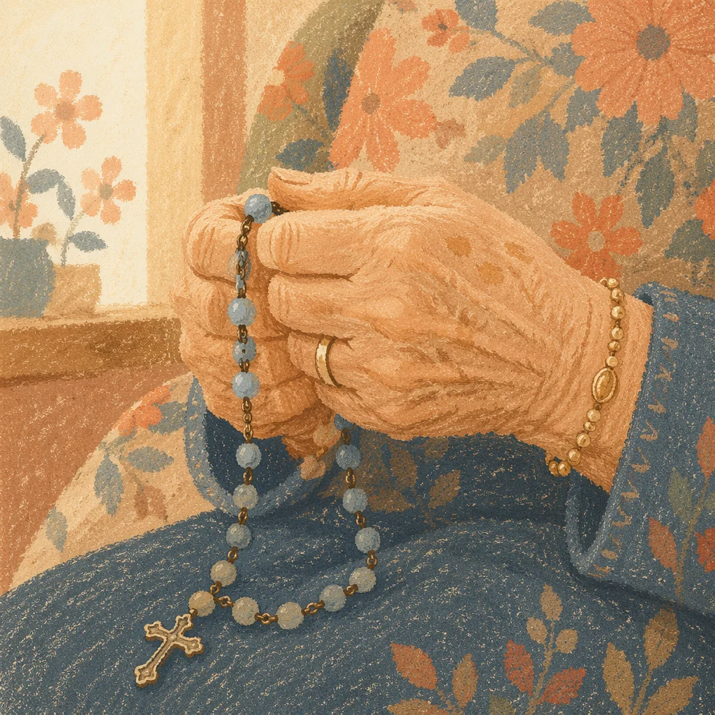 Elderly Hands Holding Rosary Beads in Prayer