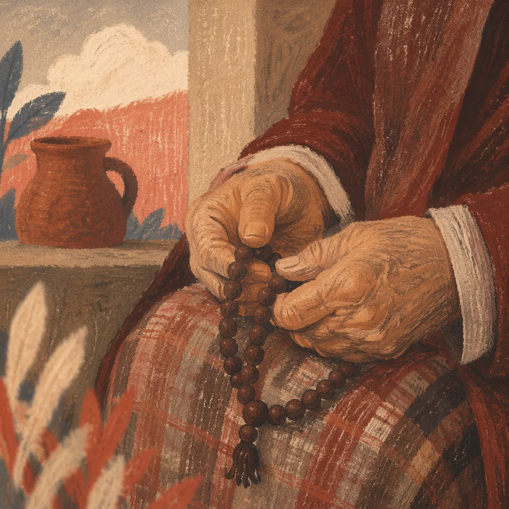 Elderly Hands Holding Wooden Rosary in Prayer