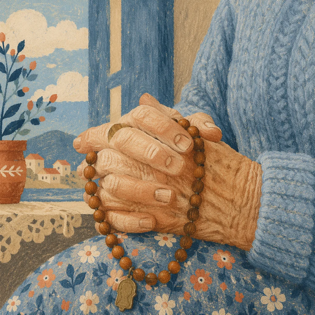 Elderly Hands Praying With Wooden Rosary