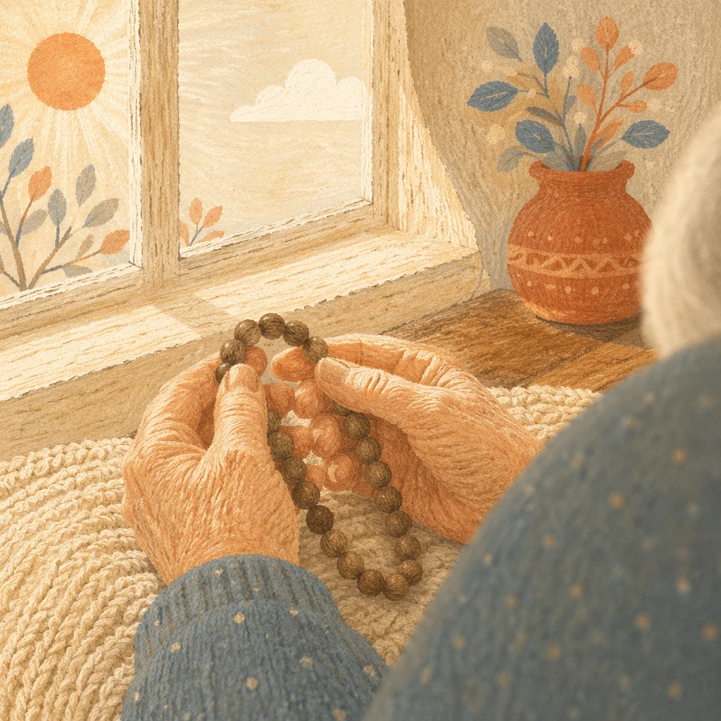 Elderly Hands Holding Wooden Rosary in Prayer