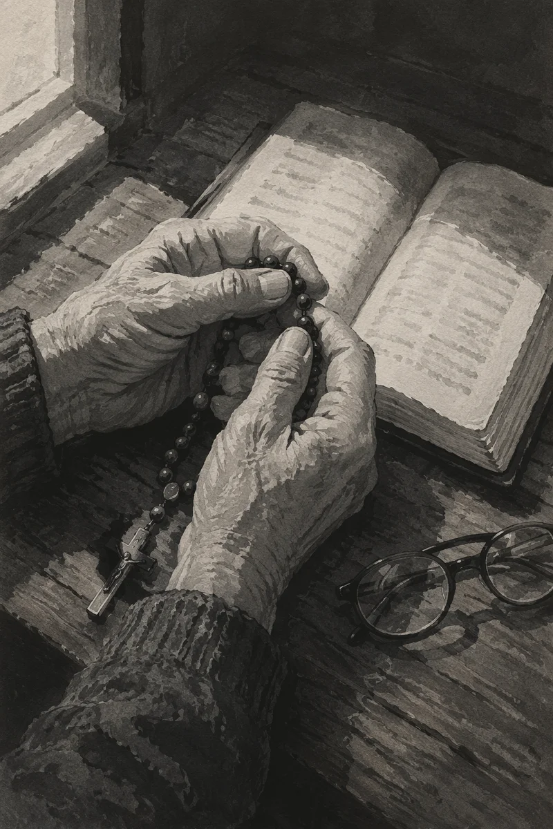 Elderly Hands Holding Rosary in Prayer