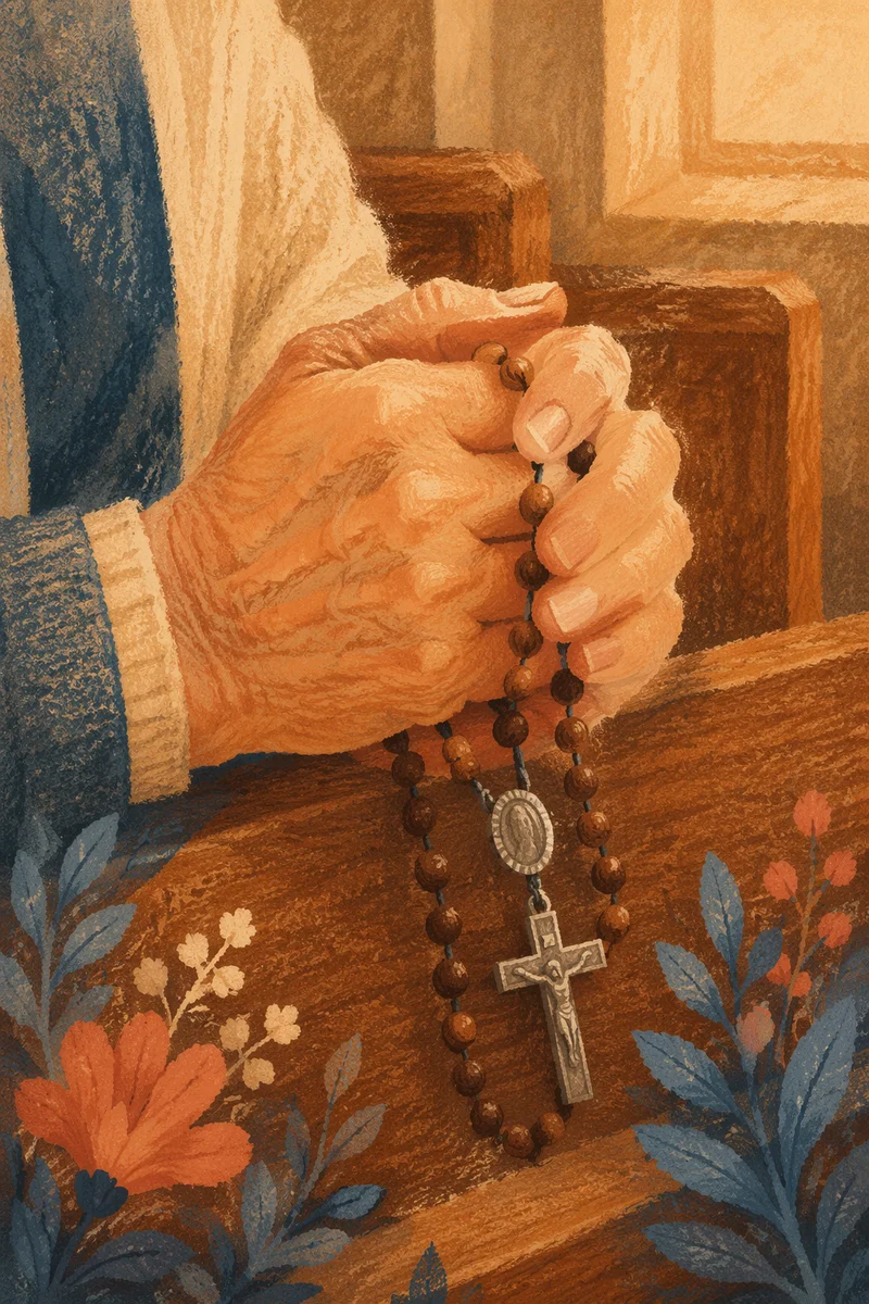 Elderly Hands Praying With Wooden Rosary