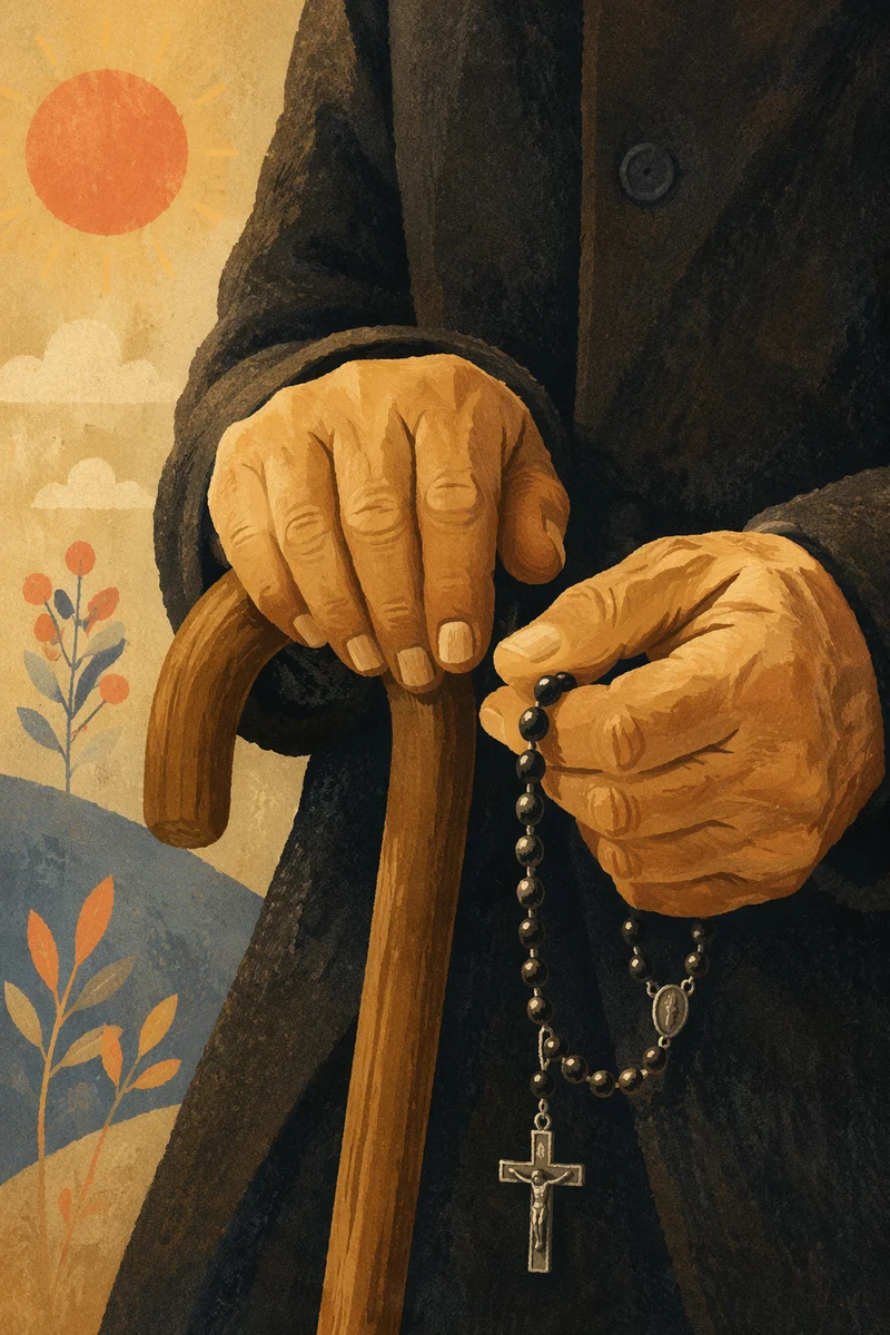 Elderly Hands Holding Rosary in Prayer