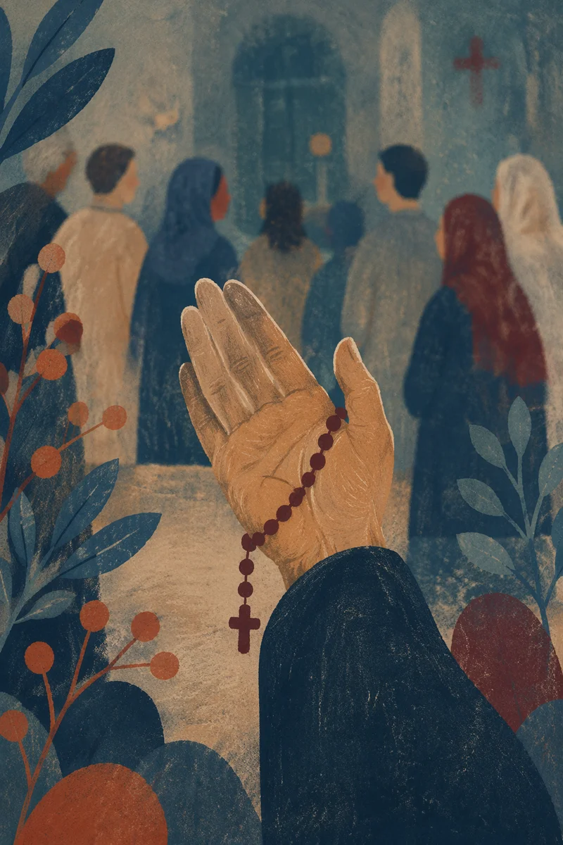 Elderly Hands Holding Rosary in Prayer