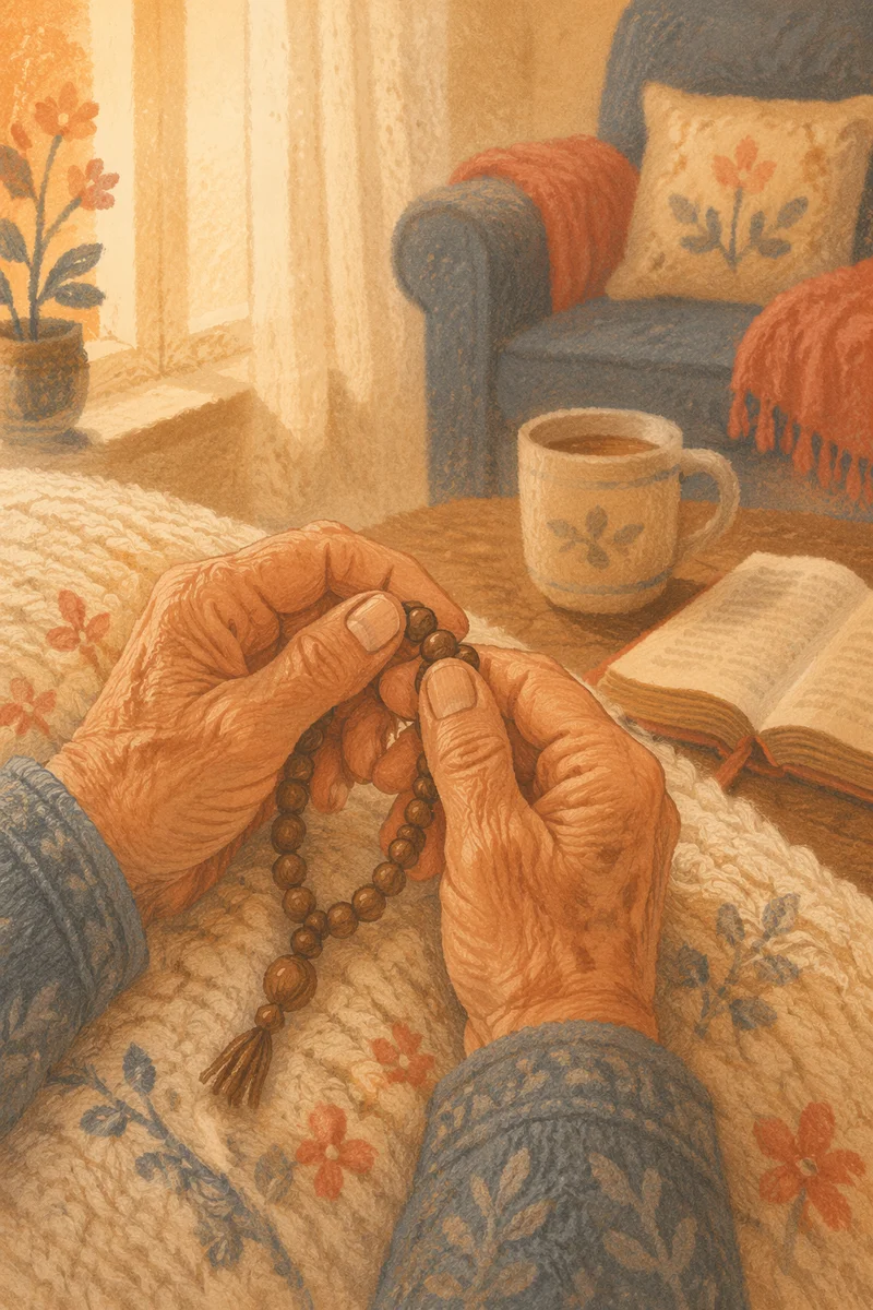 Elderly Hands Holding Prayer Beads