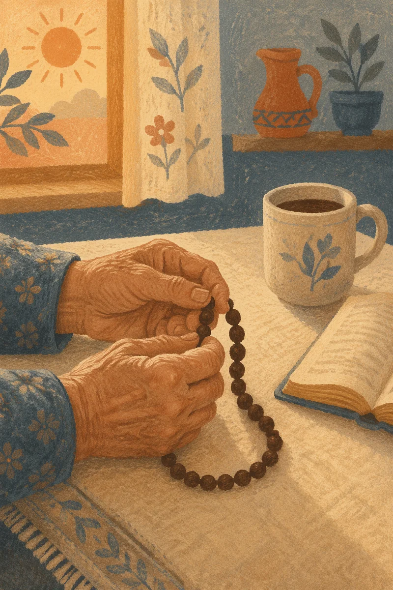 Elderly Hands Holding Rosary in Morning Prayer