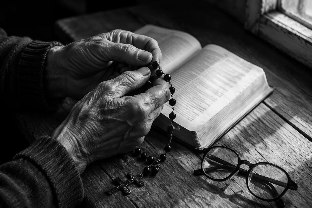 Elderly Hands Holding Rosary in Prayer