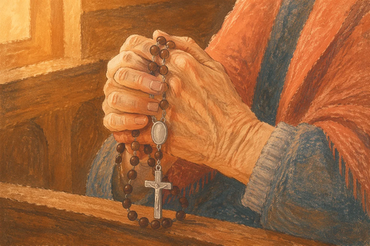 Elderly Hands Praying With Wooden Rosary