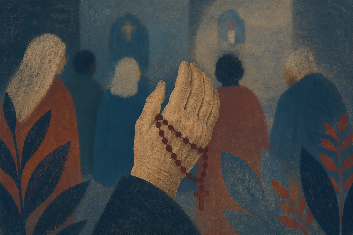 Elderly Hands Holding Rosary in Prayer