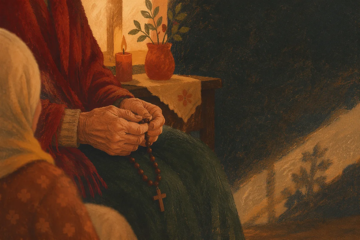 Elderly Hands Holding Rosary in Prayer