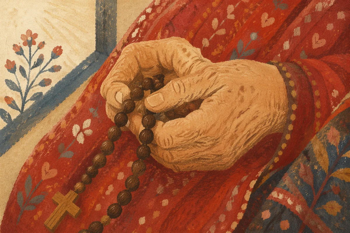 Elderly Hands Holding Rosary in Prayer