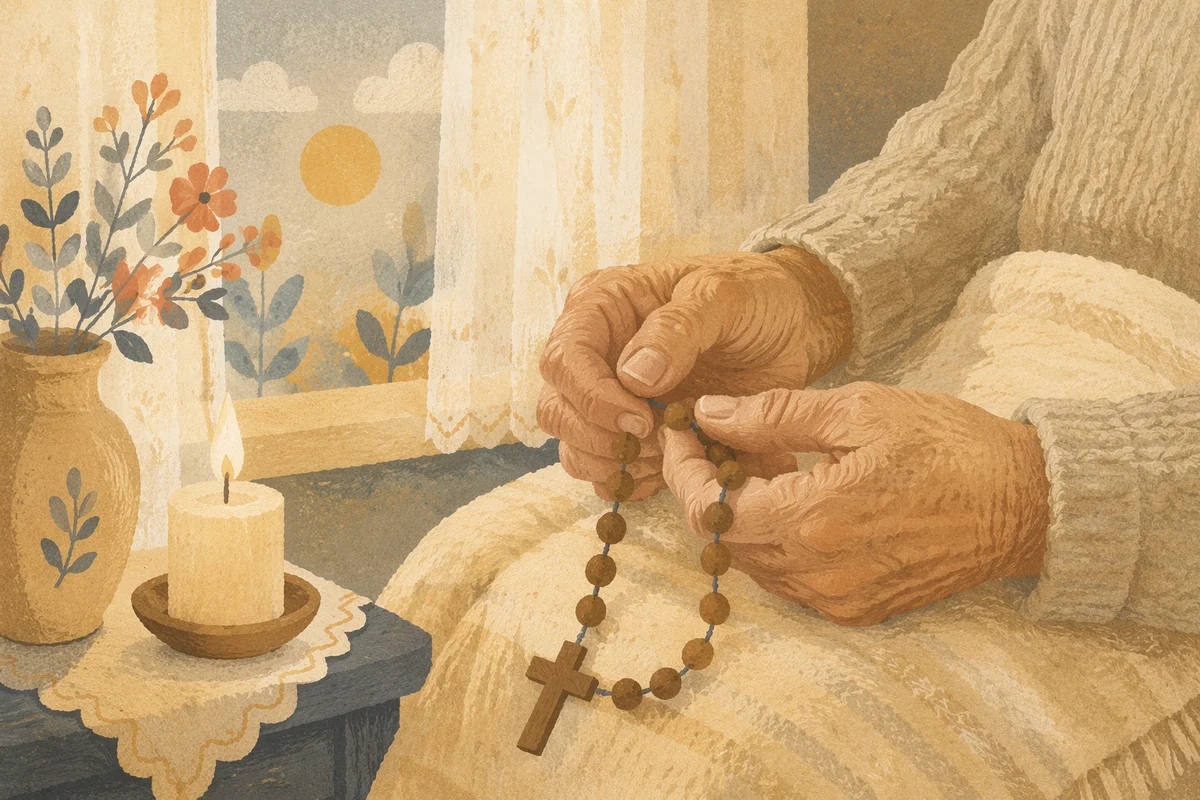 Elderly Hands Holding Rosary in Prayer