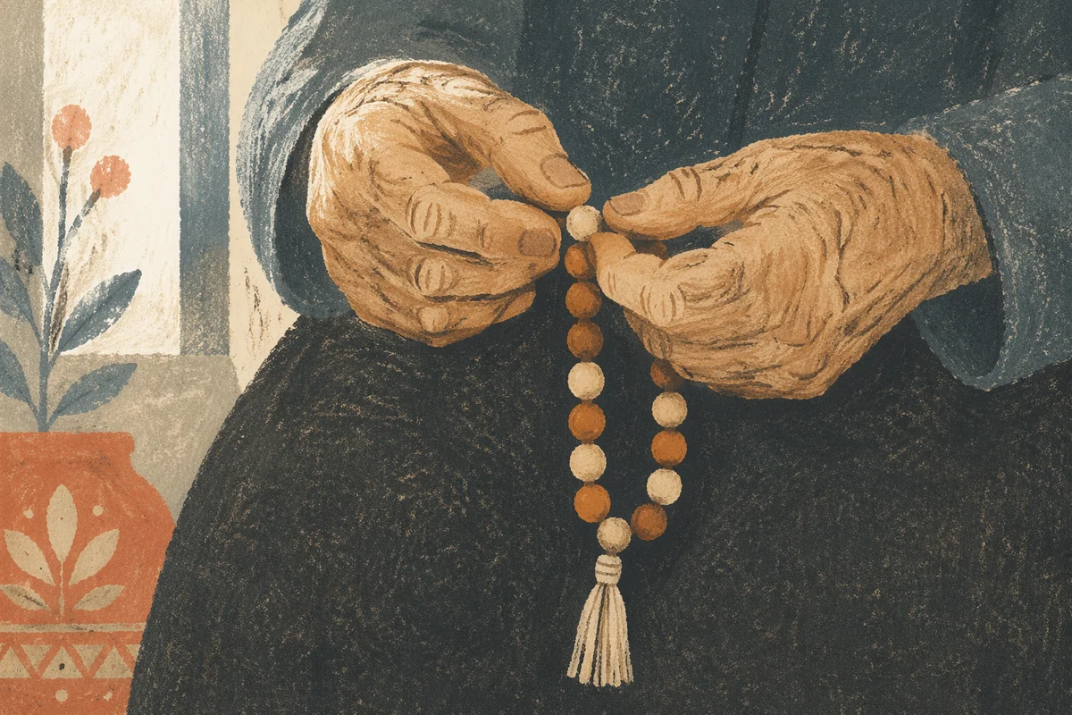 Elderly Hands Holding Rosary in Prayer