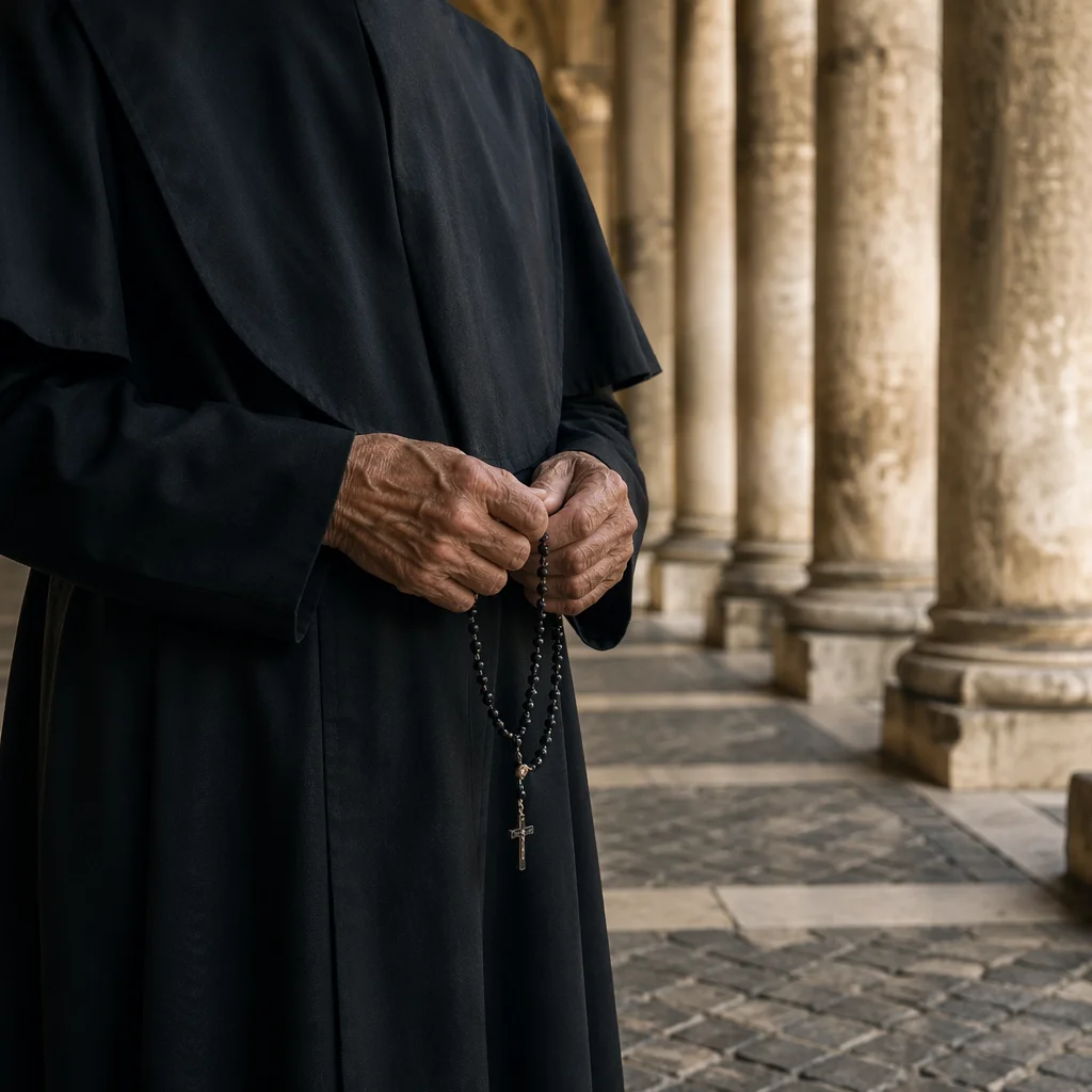 Elderly Hands Holding Rosary in Stone Colonnade