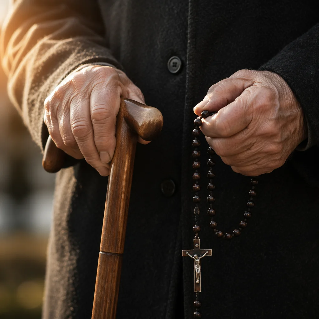 Elderly Hands Holding Rosary in Prayer