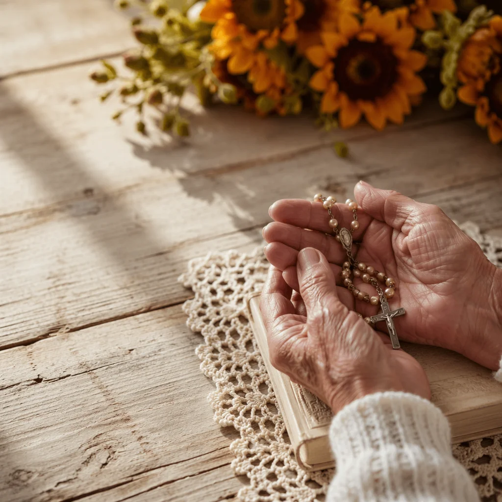 Elderly Hands Holding Rosary in Prayer