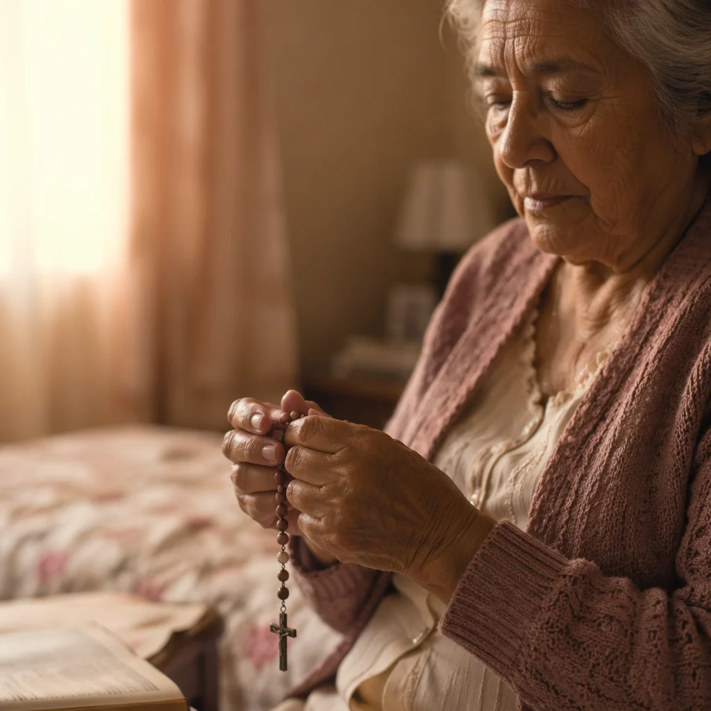 Elderly Woman Praying with Rosary at Dawn