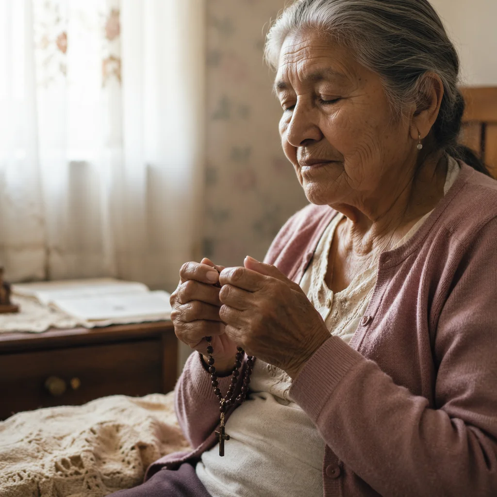 Elderly Woman Praying with Rosary by Window