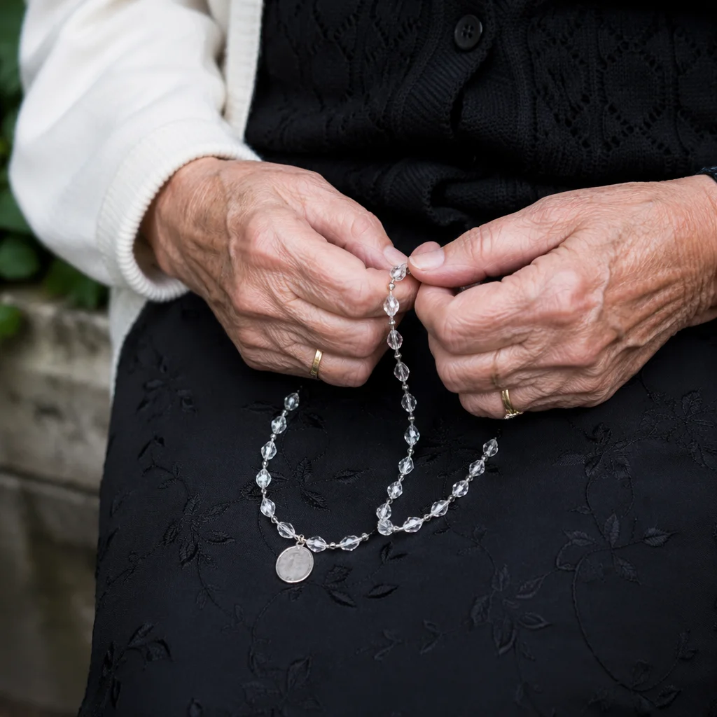 Elderly Hands Holding Rosary in Prayer