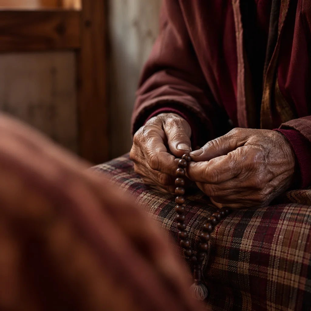Elderly Hands Holding Rosary in Prayer