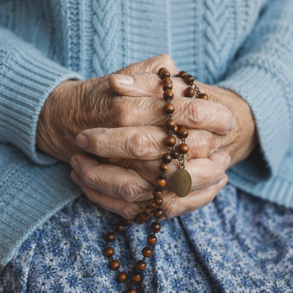 Elderly Hands Praying With Wooden Rosary