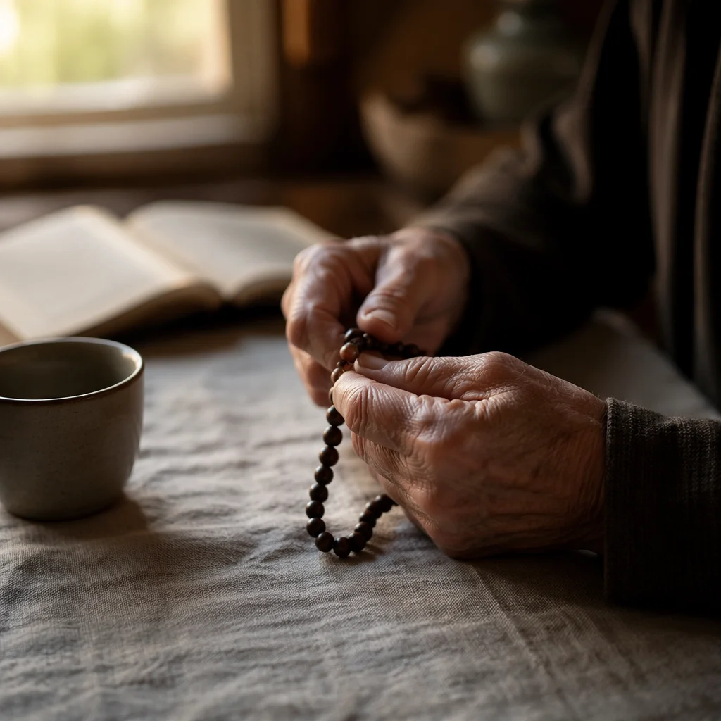 Elderly Hands Holding Rosary in Morning Prayer