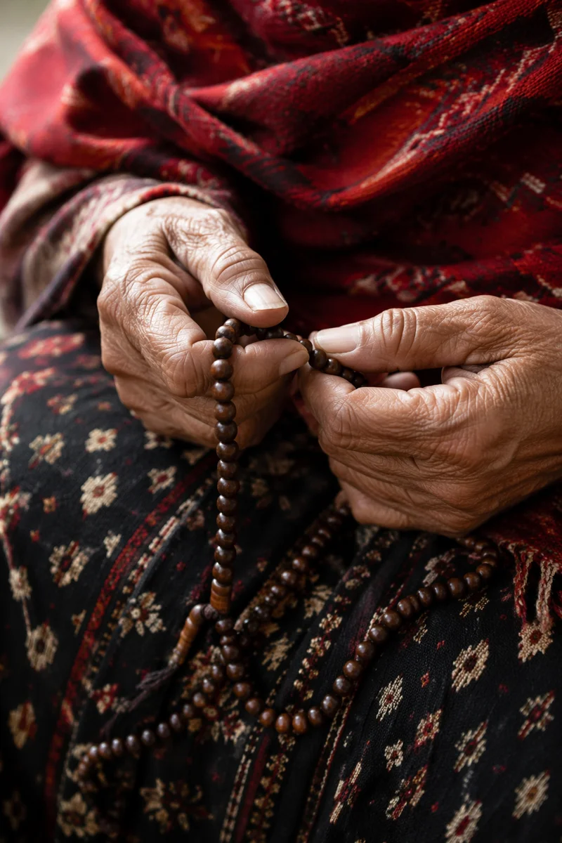 Elderly Hands Holding Rosary Beads in Prayer