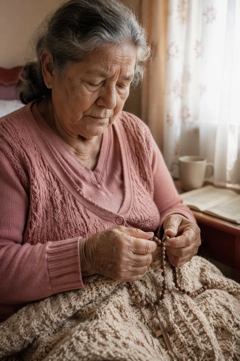 Elderly Woman Praying with Rosary by Window