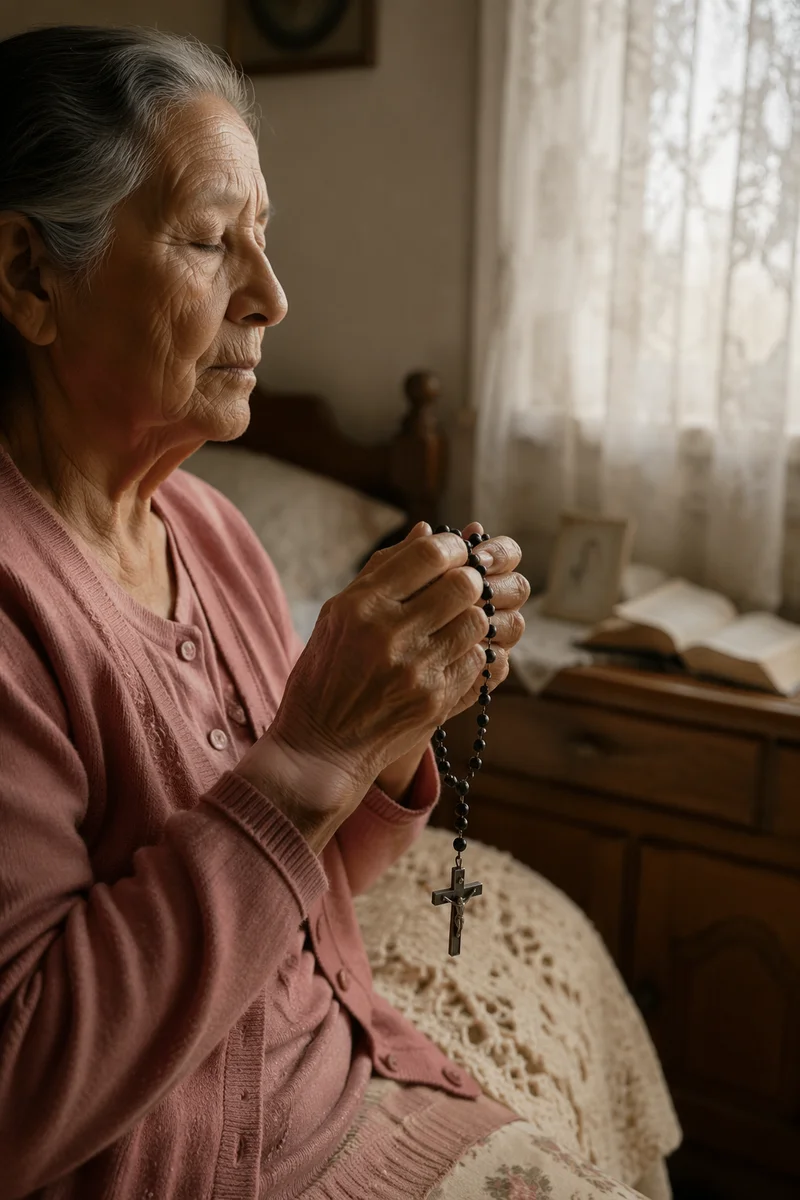 Elderly Woman Praying with Rosary by Window