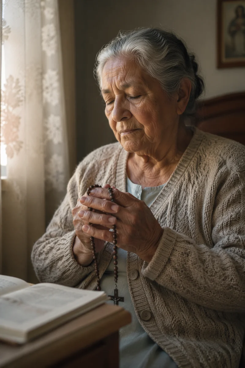 Elderly Woman Holding Rosary by Window