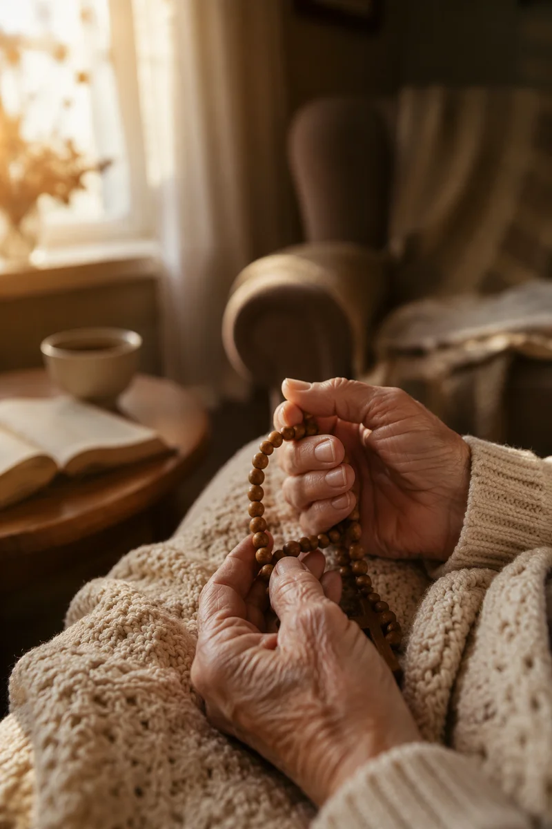 Elderly Hands Holding Wooden Prayer Beads