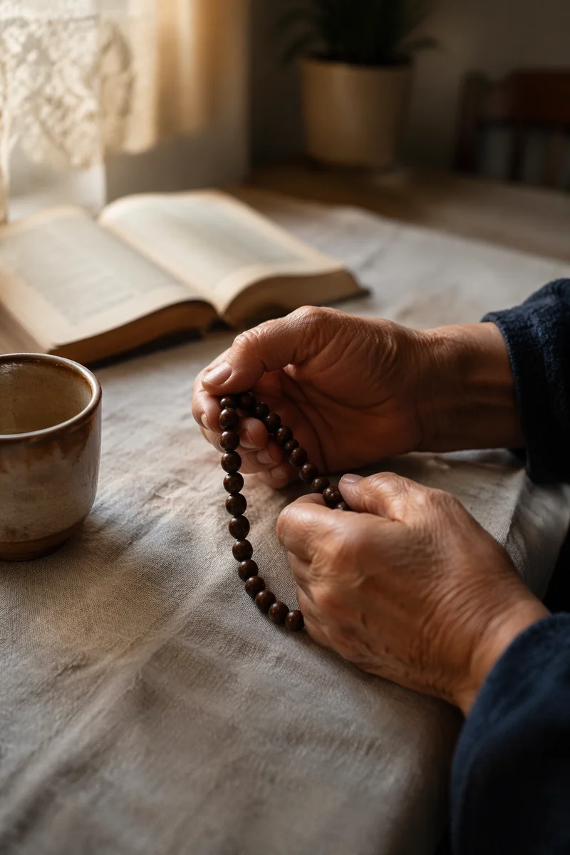 Elderly Hands Praying With Wooden Rosary