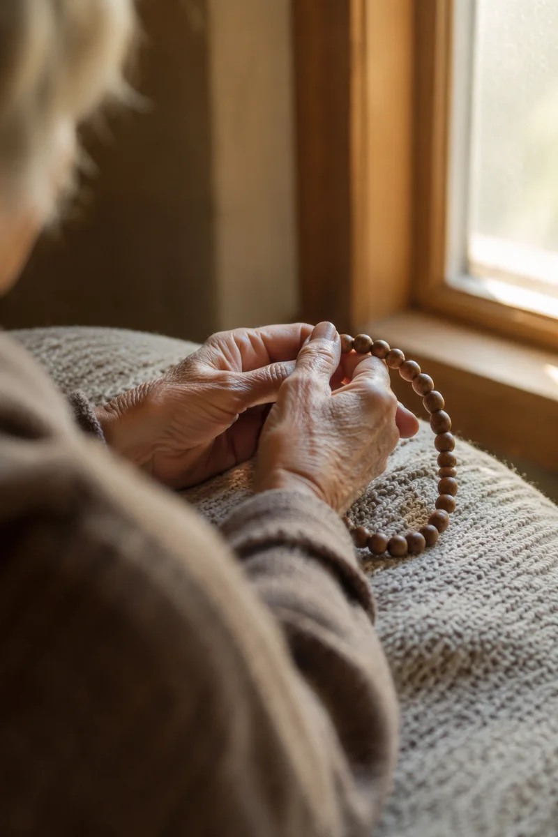 Elderly Hands Holding Rosary in Morning Light