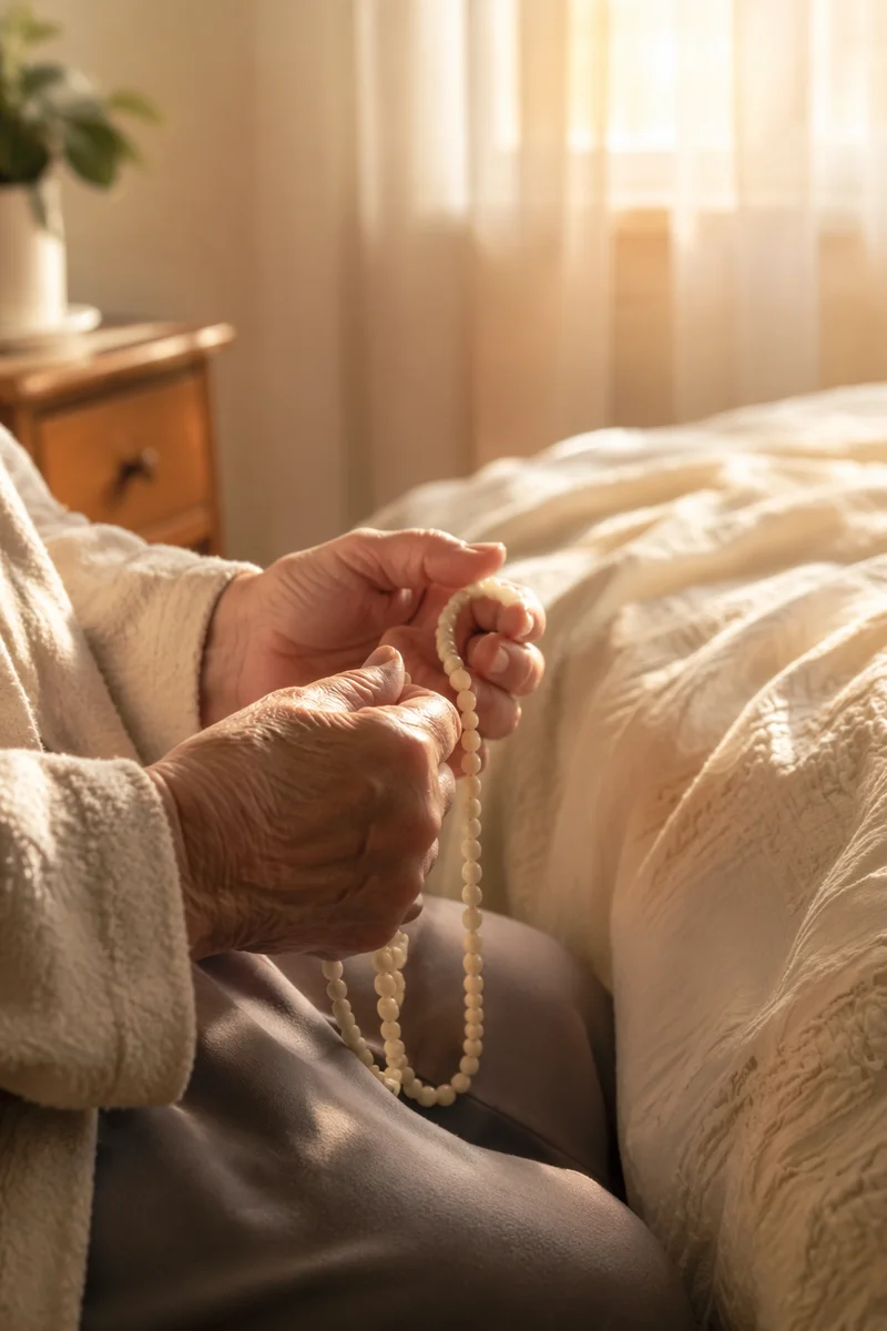 Elderly Hands Holding Rosary Beads at Dawn