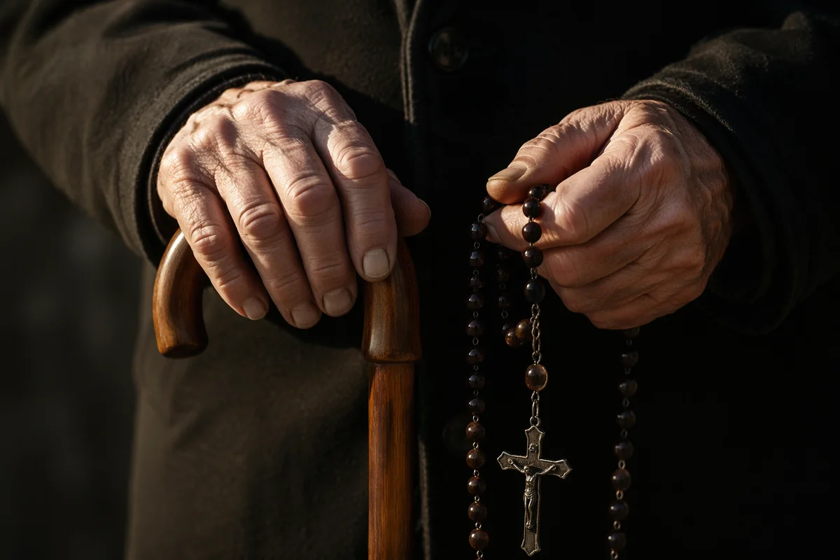 Elderly Hands Holding Rosary in Prayer