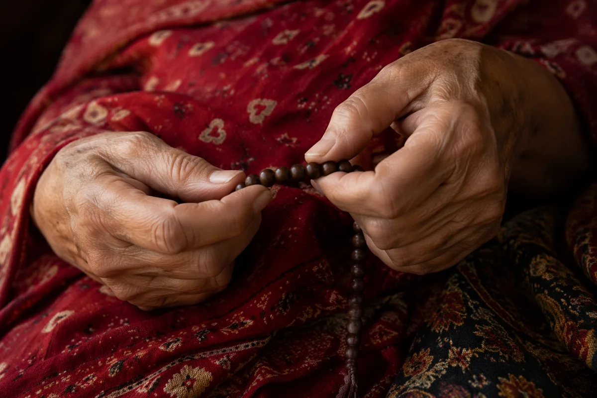 Elderly Hands Holding Rosary in Prayer