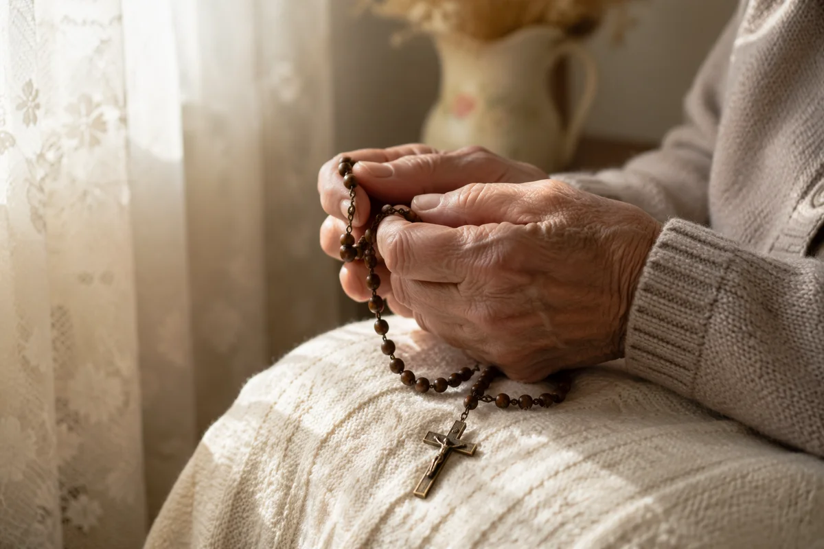 Elderly Hands Holding Rosary in Prayer