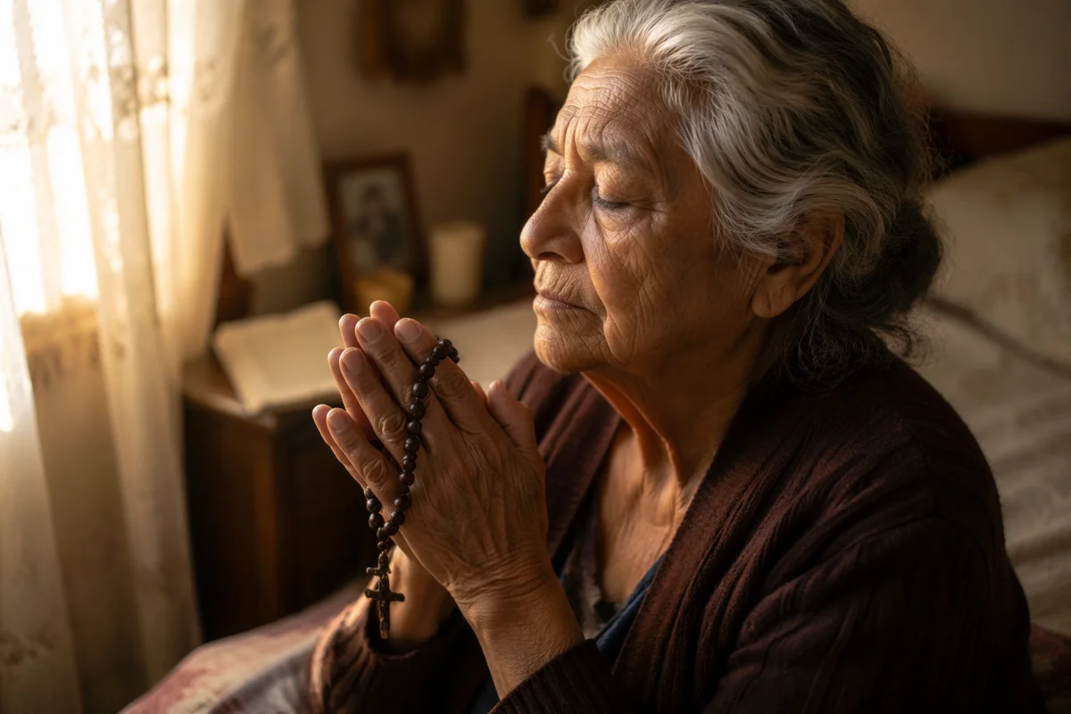 Elderly Woman Holding Rosary by Window