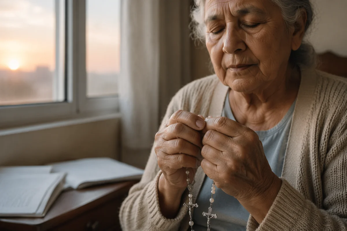 Elderly Woman Holding Rosary by Window
