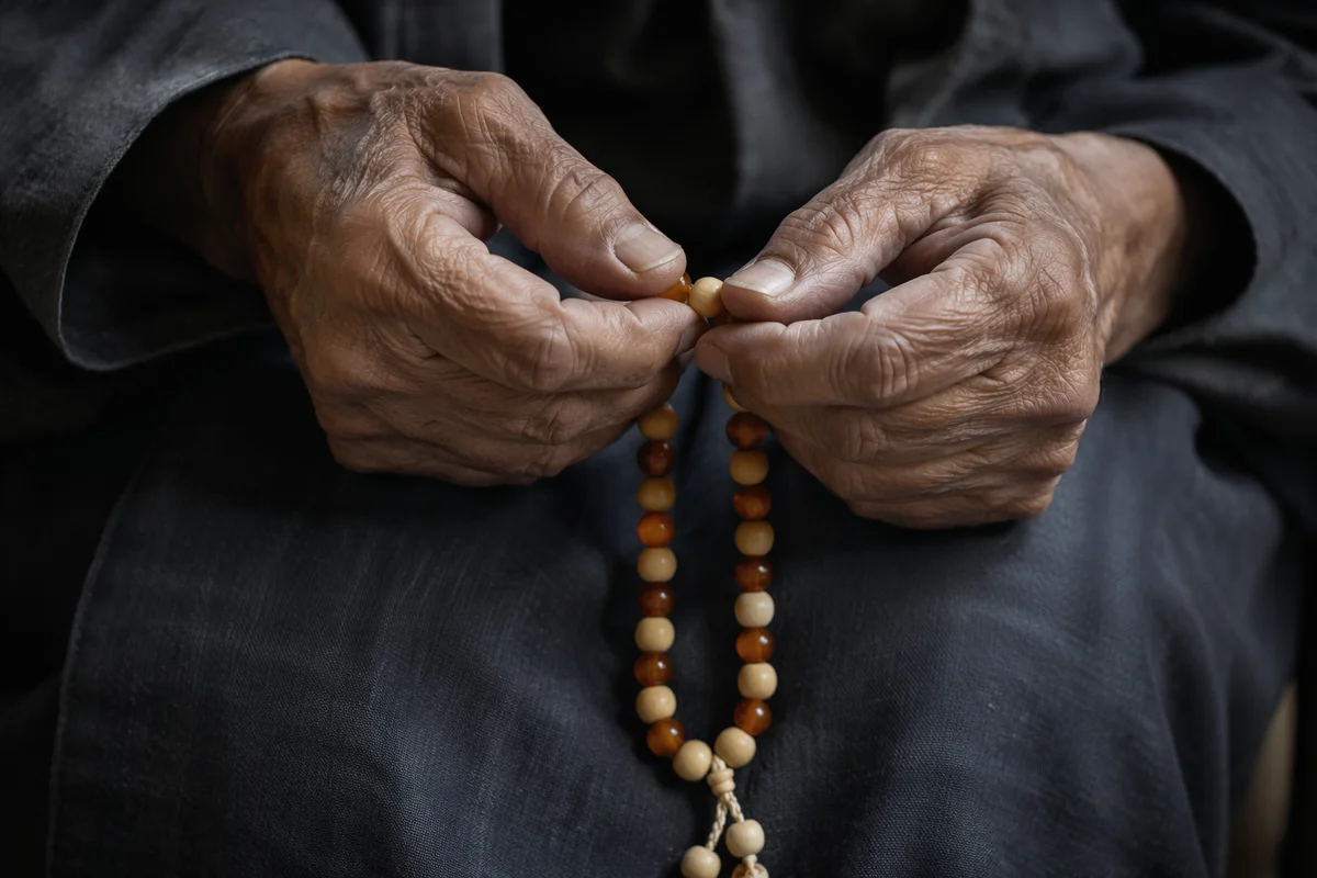 Elderly Hands Holding Rosary in Prayer