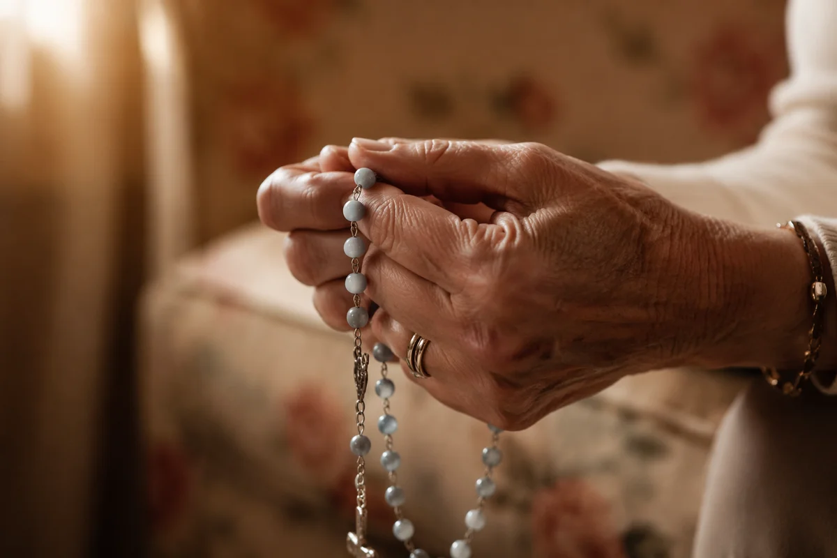 Elderly Hands Holding Rosary in Prayer
