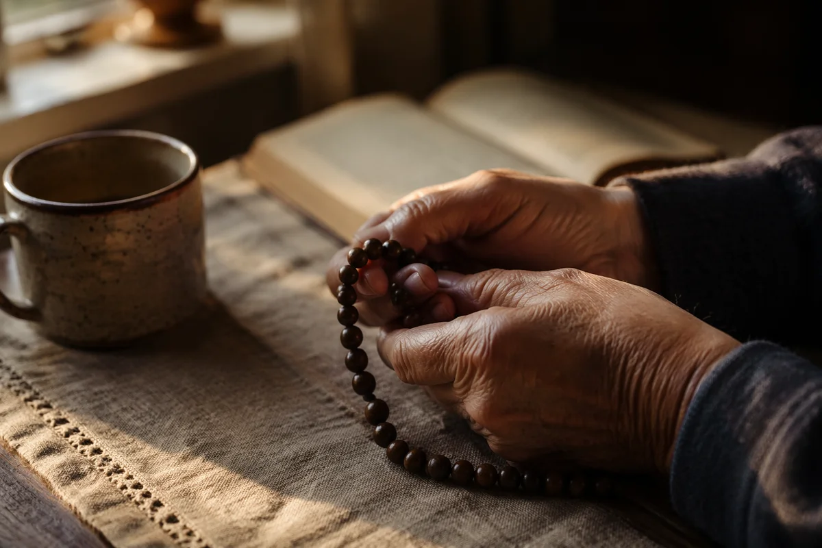 Elderly Hands Praying With Wooden Rosary